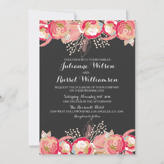 Blush Pink Floral & Chalkboard Wedding Invitation Kaart (Voorkant)