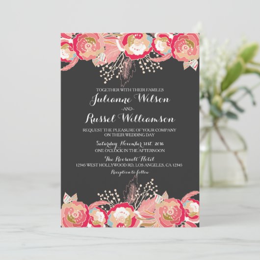 Blush Pink Floral & Chalkboard Wedding Invitation Kaart (Staand voorkant)
