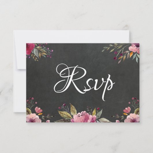 Blush Pink Floral Chalkboard Wedding RSVP-kaart RSVP Kaartje (Voorkant)