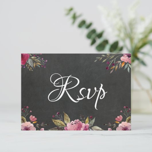 Blush Pink Floral Chalkboard Wedding RSVP-kaart RSVP Kaartje (Staand voorkant)