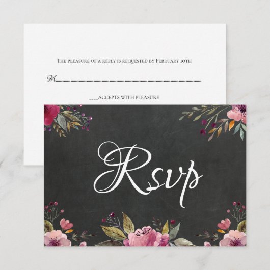 Blush Pink Floral Chalkboard Wedding RSVP-kaart RSVP Kaartje (Voorkant / Achterkant)