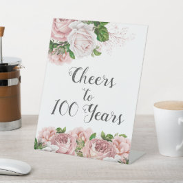 Blush Pink Floral Cheers tot 100 jaar script Reclamebord Met Voetstuk