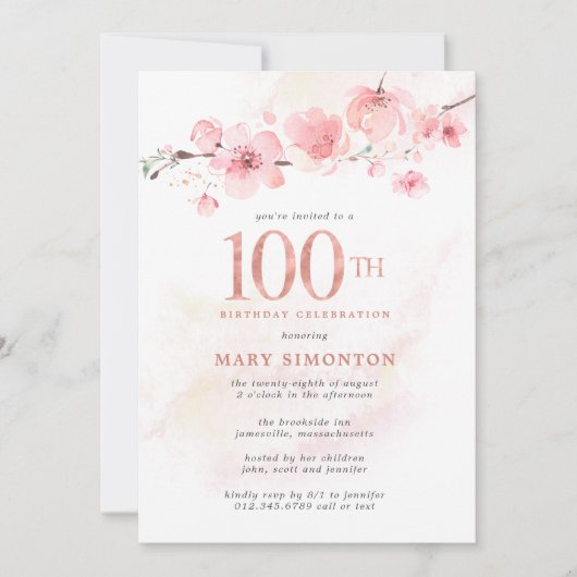 Blush Pink Floral Cherry Blossom 100th Birthday Kaart (Voorkant)