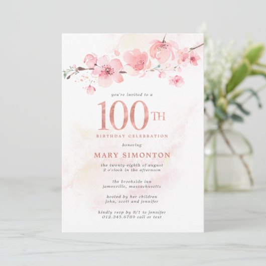 Blush Pink Floral Cherry Blossom 100th Birthday Kaart (Staand voorkant)