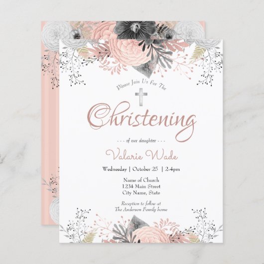 Blush Pink Floral Christening Budget Invitations (Voorkant / Achterkant)