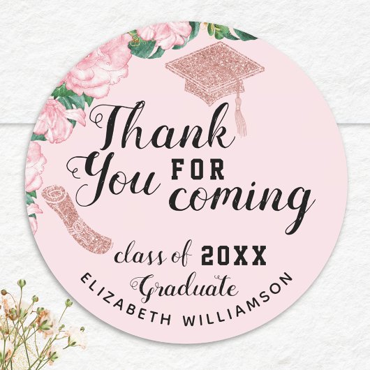 Blush Pink Floral Class of 2025 Afstuderen Dank U Ronde Sticker