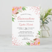 Blush Pink Floral Confetti Quinceañera Birthday Kaart (Staand voorkant)