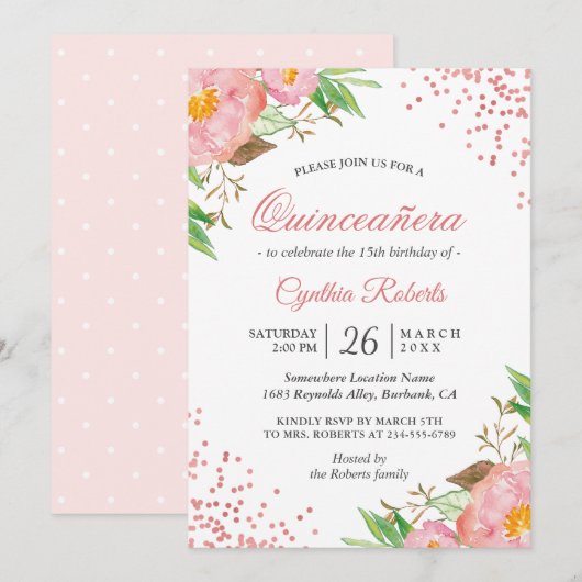 Blush Pink Floral Confetti Quinceañera Birthday Kaart (Voorkant / Achterkant)