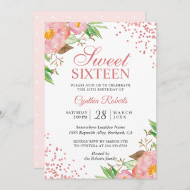 Blush Pink Floral Confetti Sweet 16 Birthday Party Kaart