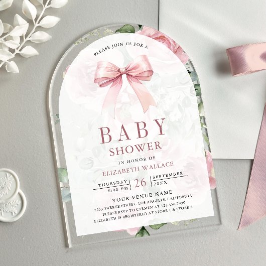 Blush Pink Floral Coquette Bow Arch Baby shower Acryl Uitnodigingen