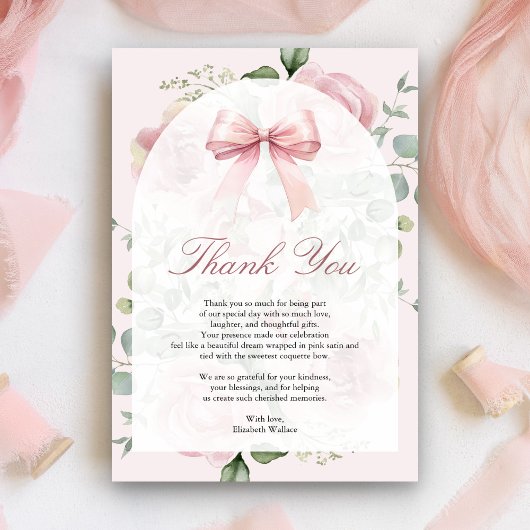 Blush Pink Floral Coquette Bow Arch Baby shower Bedankkaart
