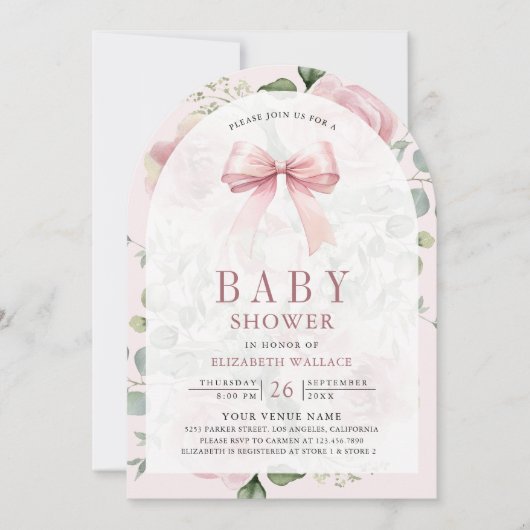 Blush Pink Floral Coquette Bow Arch Baby shower Kaart (Voorkant)