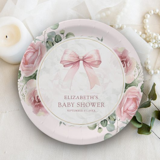 Blush Pink Floral Coquette Bow Baby shower Papieren Bordje