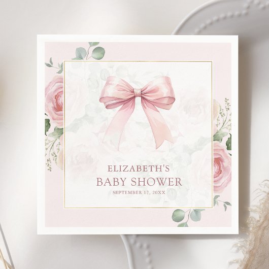 Blush Pink Floral Coquette Bow Baby shower Servet