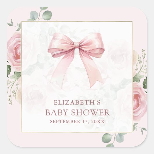 Blush Pink Floral Coquette Bow Baby shower Vierkante Sticker (Voorkant)