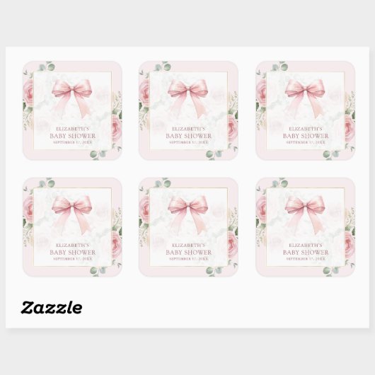 Blush Pink Floral Coquette Bow Baby shower Vierkante Sticker (Vel)