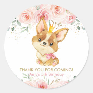 Blush Pink Floral Corgi Puppy Dog Dank je wel Ronde Sticker