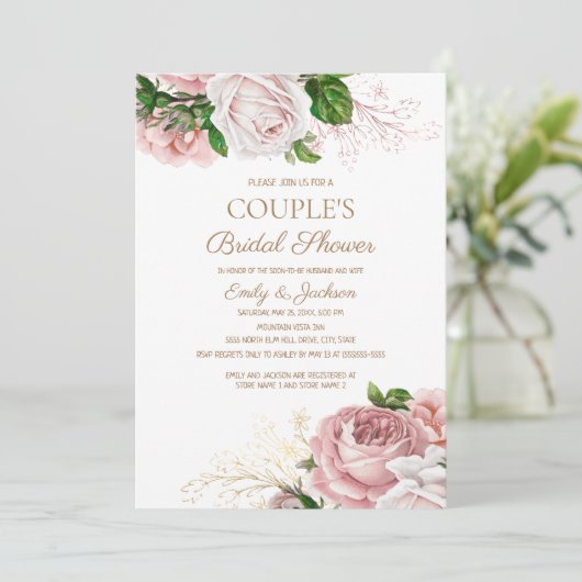 Blush Pink  Floral Couple's Vrijgezellenfeest Kaart (Staand voorkant)
