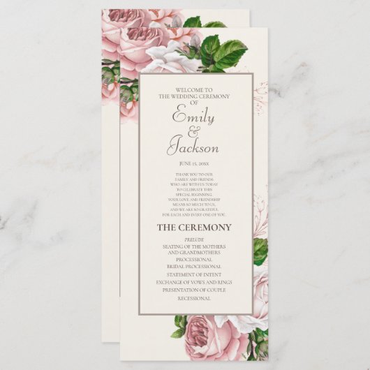  Blush Pink Floral Cream Wedding Programme Programmakaart (Voorkant / Achterkant)