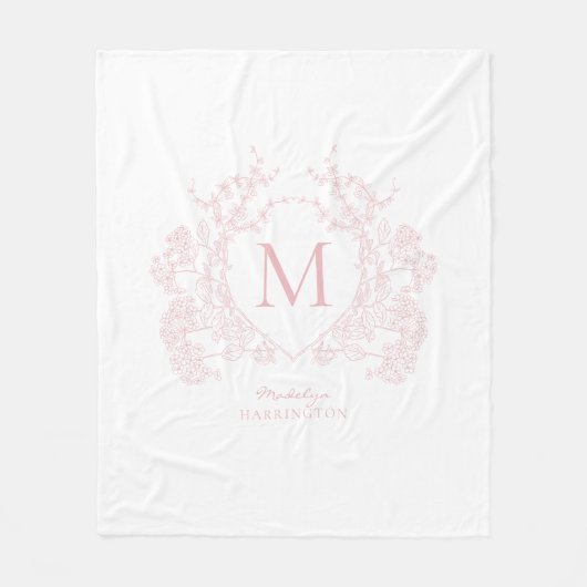  Blush Pink Floral Crest Monogram Fleece Deken (Voorkant)