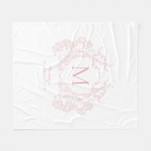  Blush Pink Floral Crest Monogram Fleece Deken (Voorkant (Horizontaal))