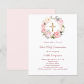 Blush pink floral cross First Communion invitation (Voorkant / Achterkant)
