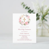 Blush pink floral cross First Communion invitation (Staand voorkant)