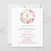 Blush pink floral cross First Communion invitation (Voorkant)