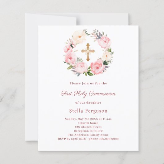 Blush pink floral cross First Communion invitation (Voorkant)