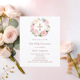 Blush pink floral cross First Communion invitation
