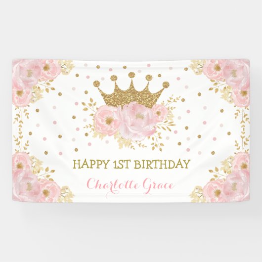  Blush Pink Floral Crown Princess Birthday Spandoek (Horizontaal)