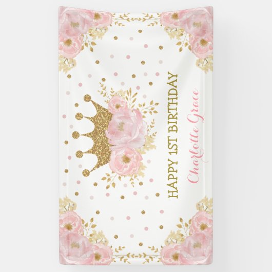  Blush Pink Floral Crown Princess Birthday Spandoek (Verticaal)