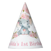 Blush Pink Floral Cute Baby Elephant 1e verjaardag Feesthoedjes (Voorkant)
