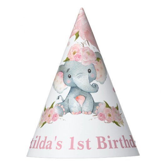 Blush Pink Floral Cute Baby Elephant 1e verjaardag Feesthoedjes (Voorkant)