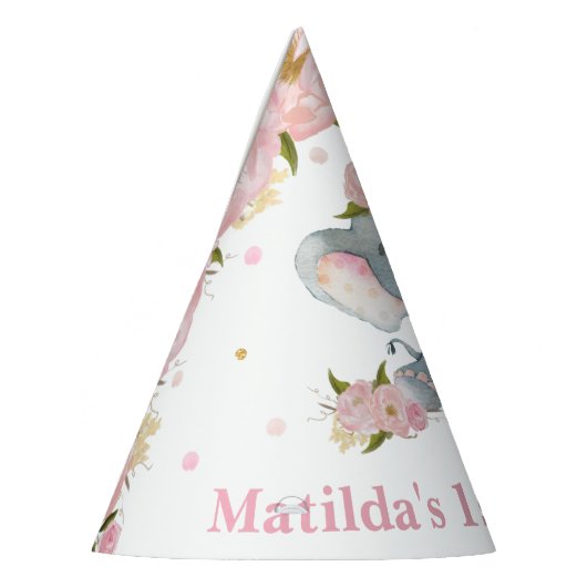 Blush Pink Floral Cute Baby Elephant 1e verjaardag Feesthoedjes (Links)