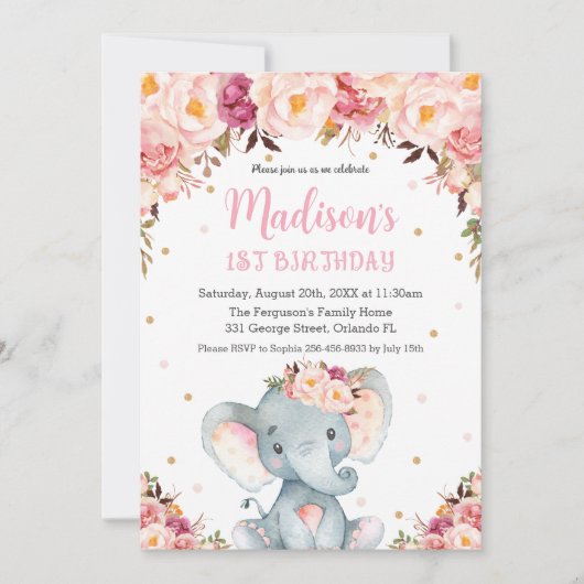 Blush Pink Floral Cute Elephant 1e verjaardag Kaart (Voorkant)