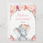 Blush Pink Floral Cute Elephant 1e verjaardag Kaart (Achterkant)