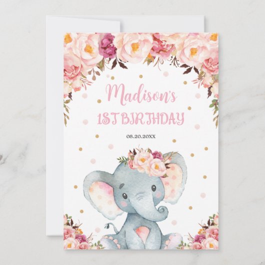 Blush Pink Floral Cute Elephant 1e verjaardag Kaart (Achterkant)
