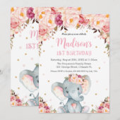 Blush Pink Floral Cute Elephant 1e verjaardag Kaart (Voorkant / Achterkant)