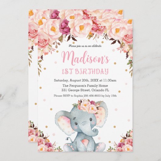 Blush Pink Floral Cute Elephant 1e verjaardag Kaart (Voorkant / Achterkant)