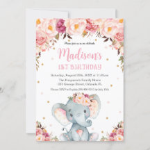 Blush Pink Floral Cute Elephant 1e verjaardag