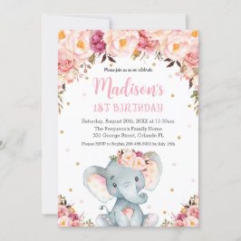 Blush Pink Floral Cute Elephant 1e verjaardag Kaart