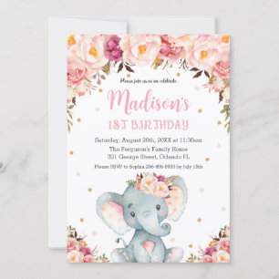 Blush Pink Floral Cute Elephant 1e verjaardag Kaart