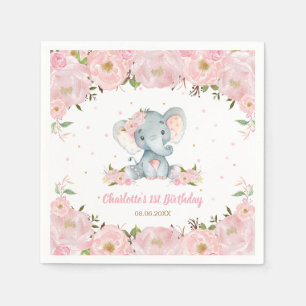Blush Pink Floral Cute Elephant 1st Birthday Party Servet