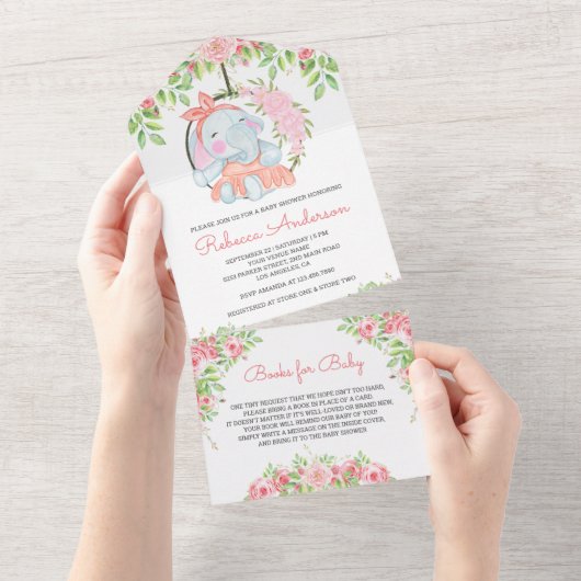 Blush Pink Floral Cute Elephant Baby shower All In One Uitnodiging (Afscheurbaar)