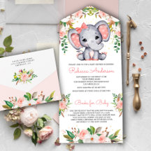Blush Pink Floral Cute Elephant Baby shower