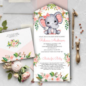 Blush Pink Floral Cute Elephant Baby shower All In One Uitnodiging