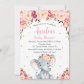 Blush Pink Floral Cute Elephant Baby shower Girl Kaart (Voorkant)
