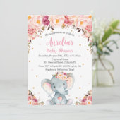 Blush Pink Floral Cute Elephant Baby shower Girl Kaart (Staand voorkant)