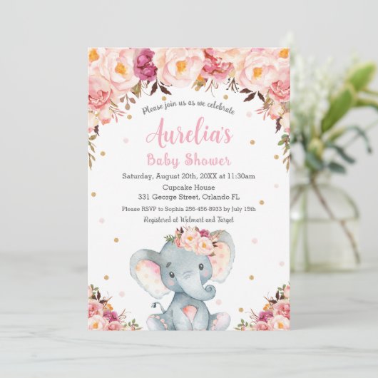 Blush Pink Floral Cute Elephant Baby shower Girl Kaart (Staand voorkant)